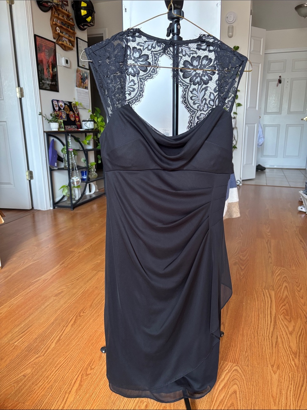 Scarlett Black Lace-Back Cowl Neck Mini Dress